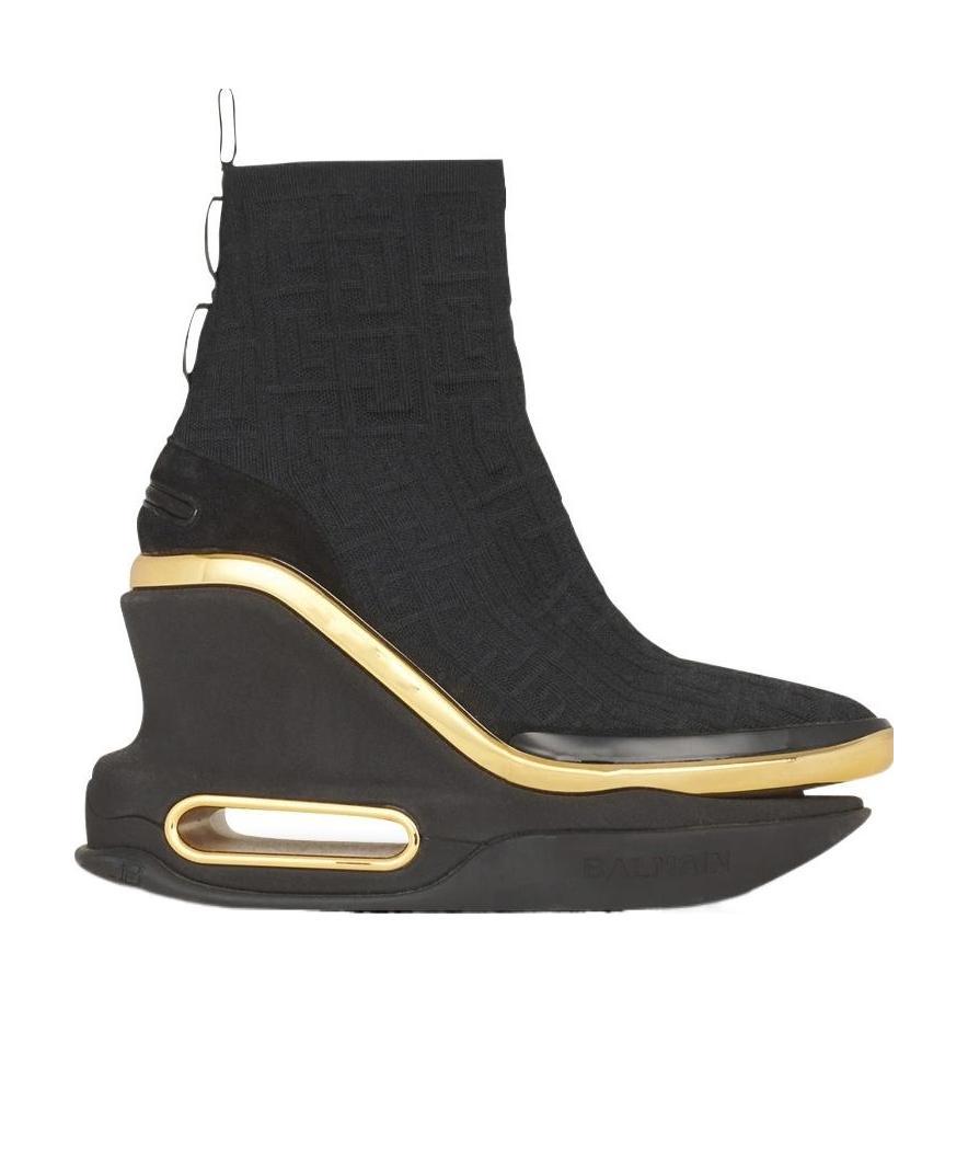 Balmain Knit And Suede B-bold Wedge Sneakers In Black