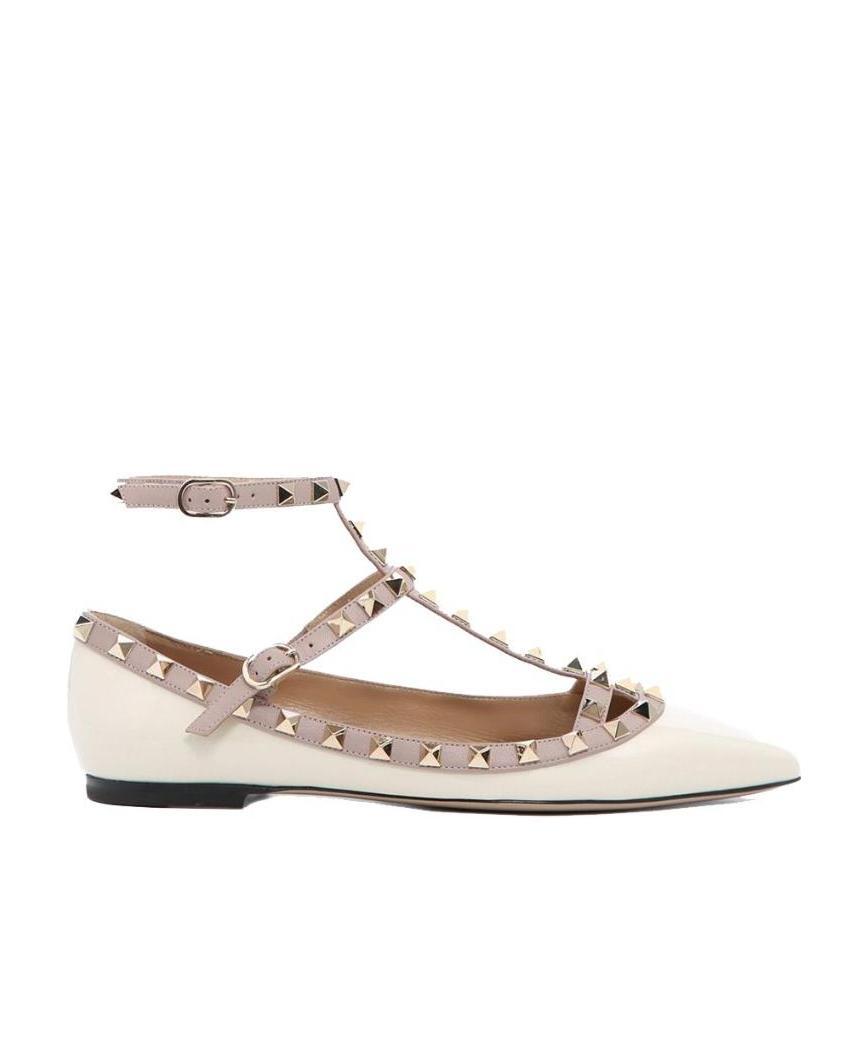 Valentino Garavani Rockstud Pointed Toe Ballerina Shoes In Neutral