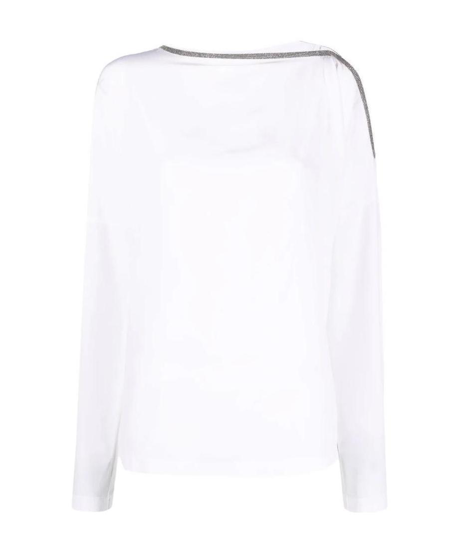 Brunello Cucinelli Long-sleeve White Knit Top With Unique Shoulder Detail In White