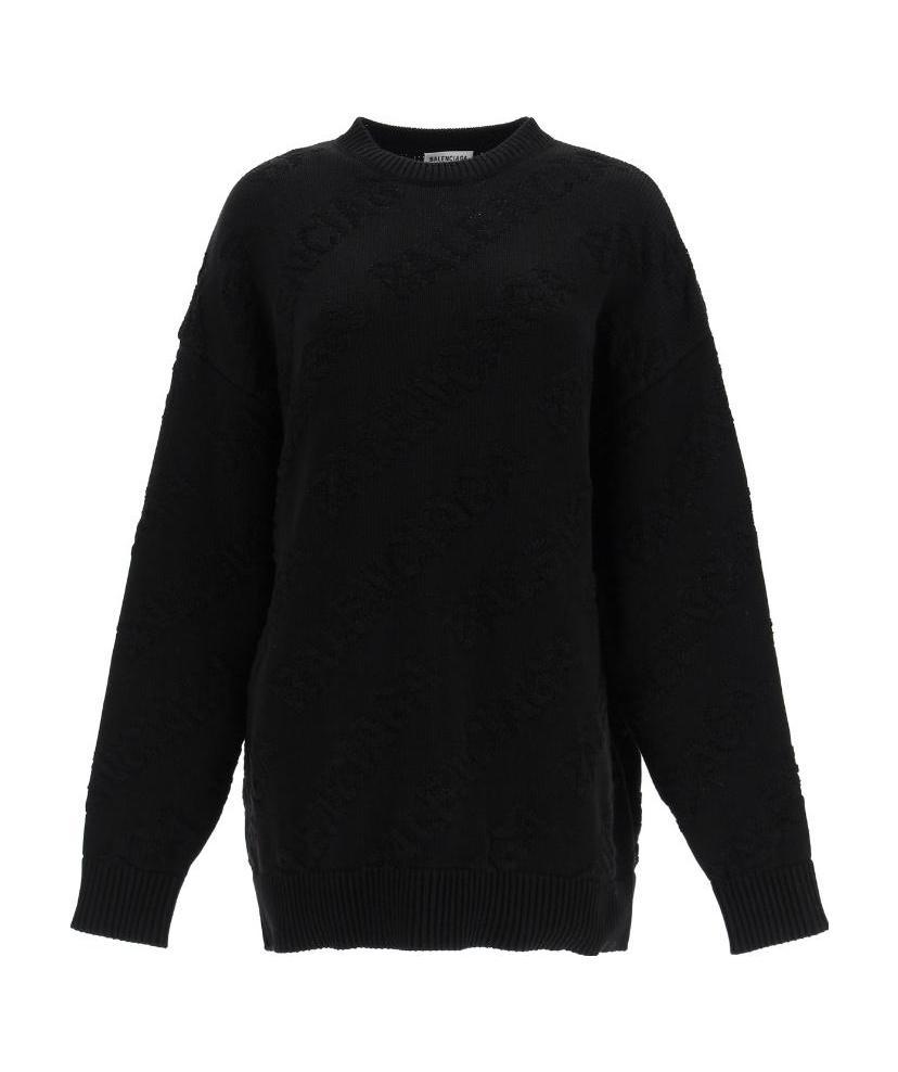 Balenciaga Allover Logo Intarsia Knitted Sweater In Black