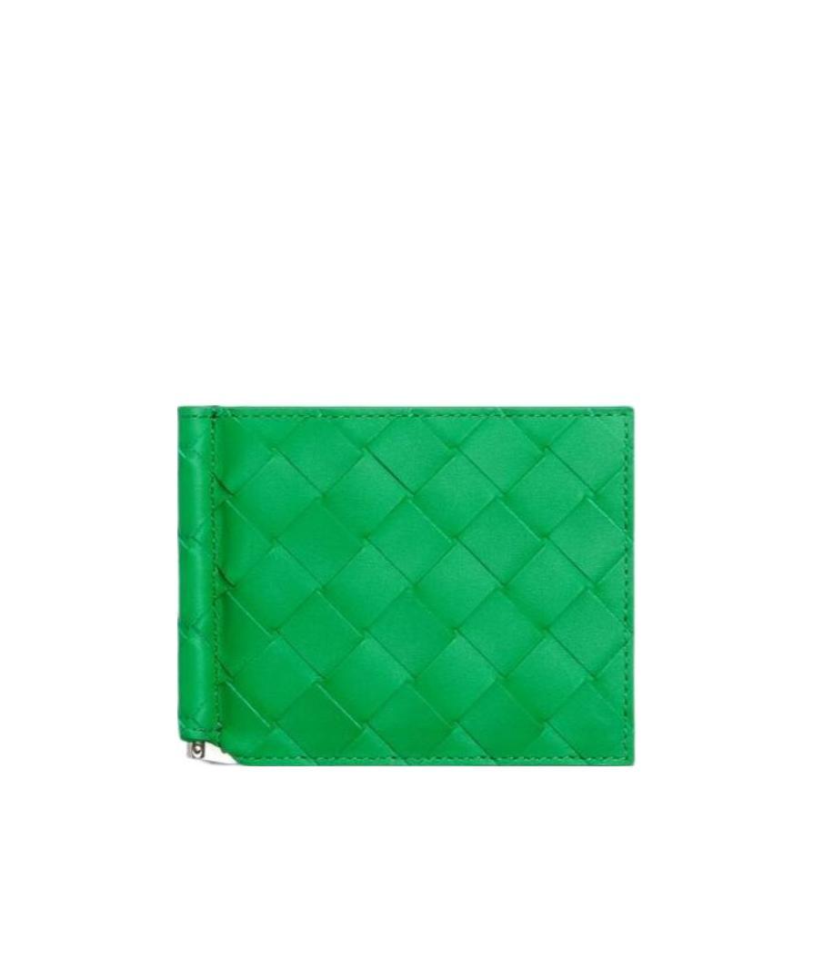 Bottega Veneta Logo Leather Knitted Folding Wallet In Green