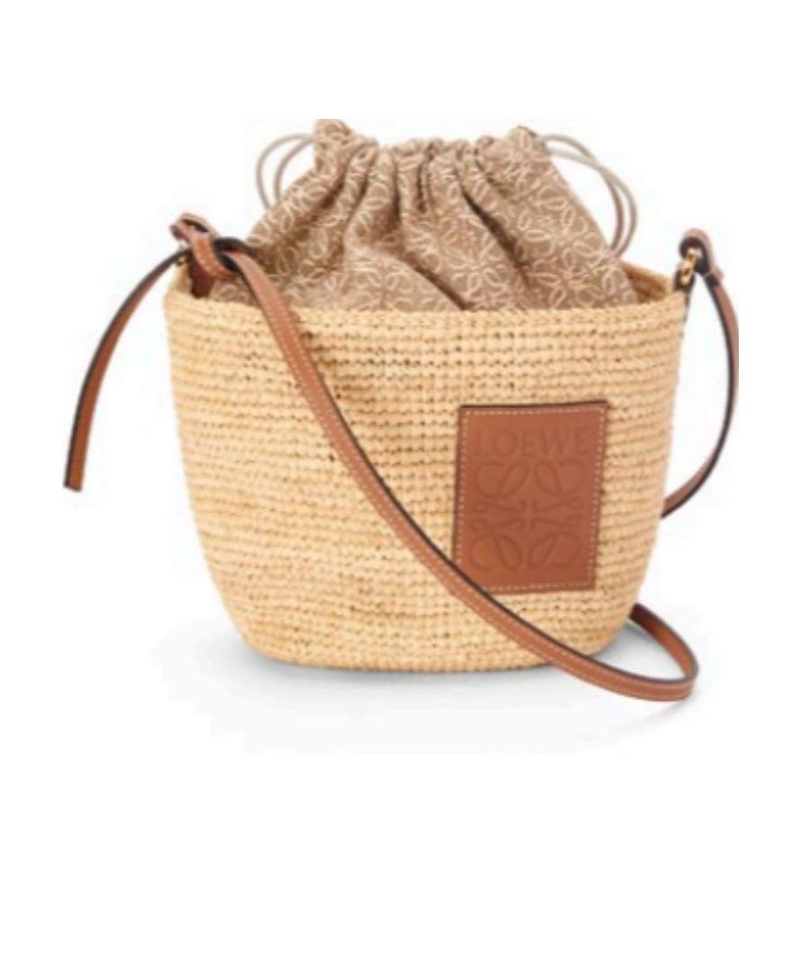 Shop Loewe Anagram Pochette Basket Bag In Raffia, Jacquard And Calfskin In Nude