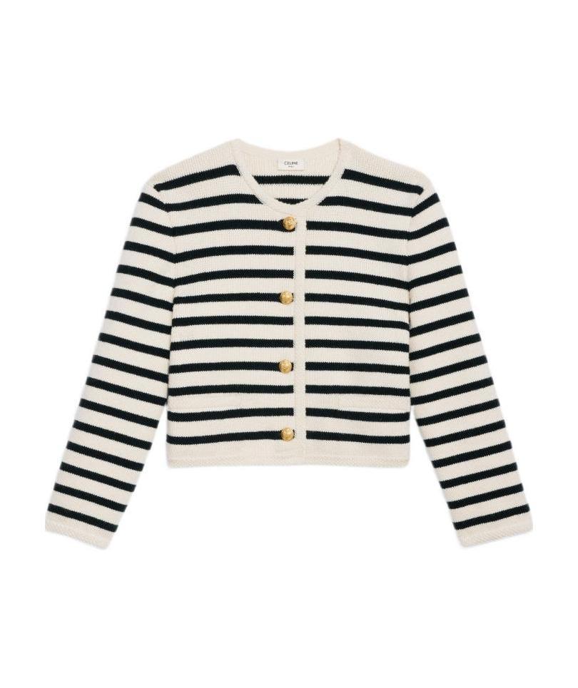 Celine Wool Striped Knitted Cardigan In White