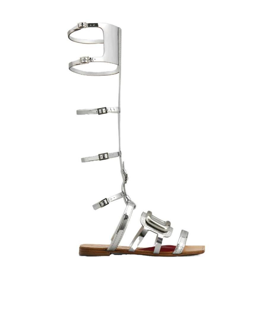 Roger Vivier Leather Sandals With Metal Buckle In Gray