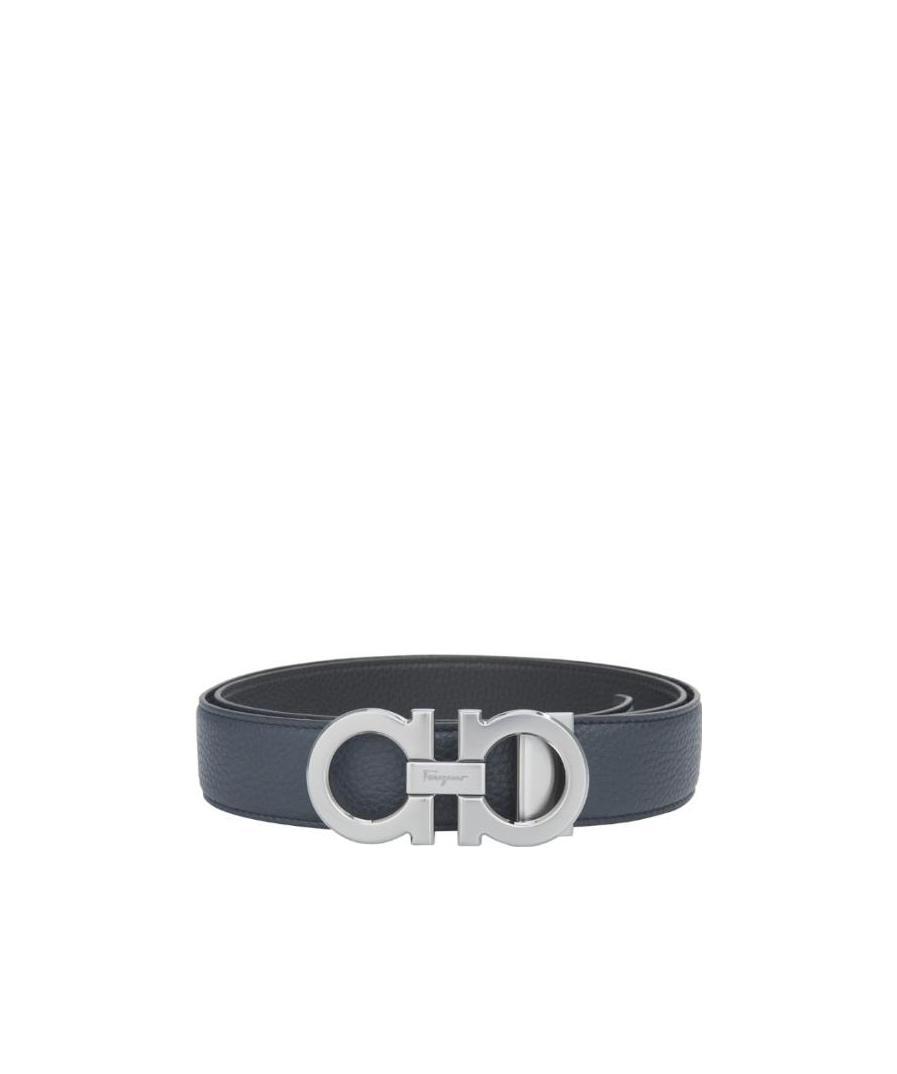 Ferragamo Dark Blue Silver Buckle Double-sided Gancini Belt