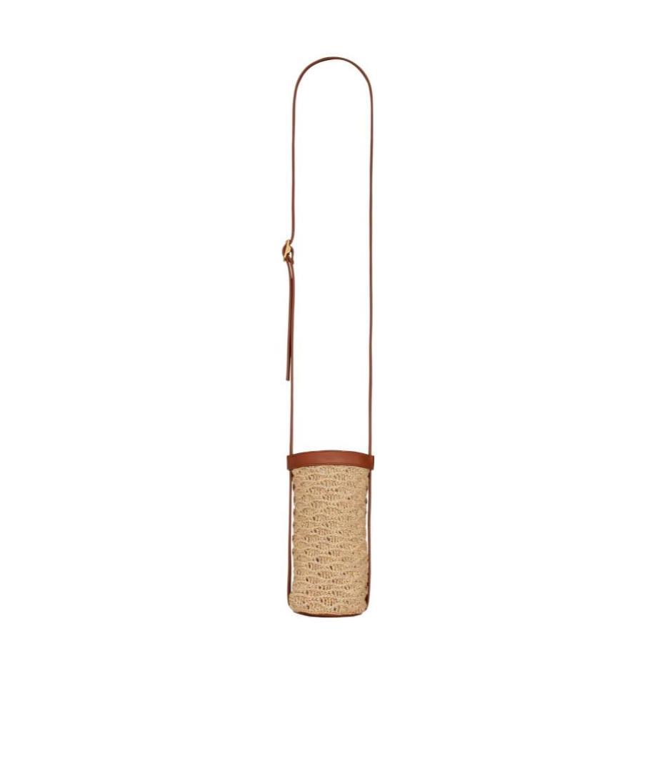 Saint Laurent Bottle Holder In Raffia Crochet And Smooth Leather In Nude