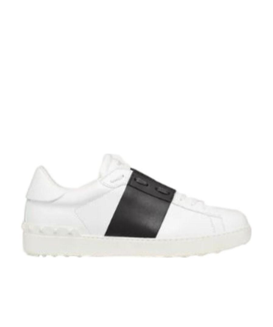 Valentino Navy Blue Leather Open Sneakers With Black Band In White