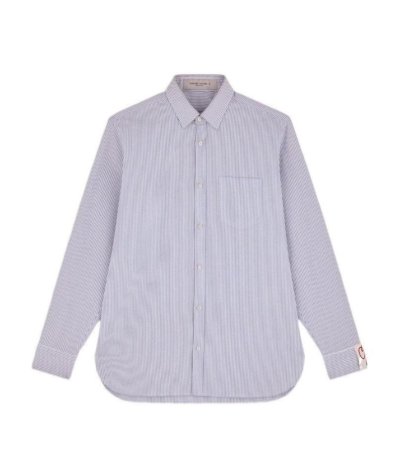 Golden Goose Light Blue Shirt With Classic Collar And All-over Striped Motif In White