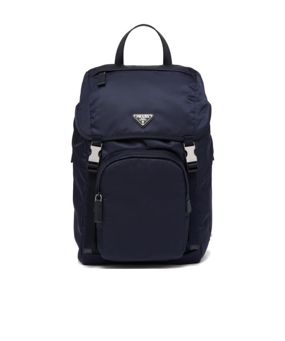 Prada Structured Leather Backpack With Logo Zipper Closure In Blue