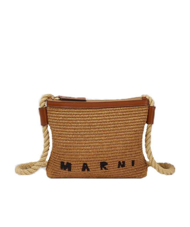 Marni Logo-embroidered Shoulder Bag In Brown