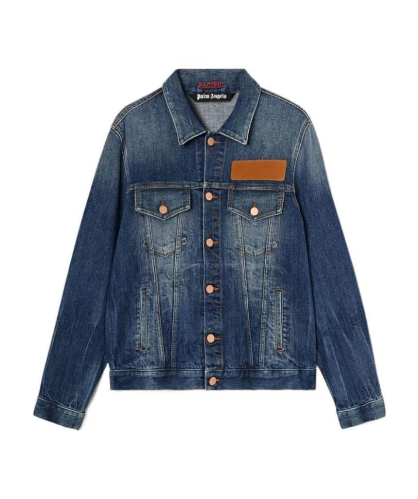 Palm Angels Embroidered Palm Tree Denim Jacket In Blue