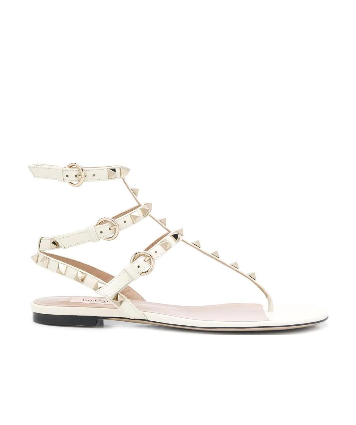 Valentino Rockstud Flat Sandals In White