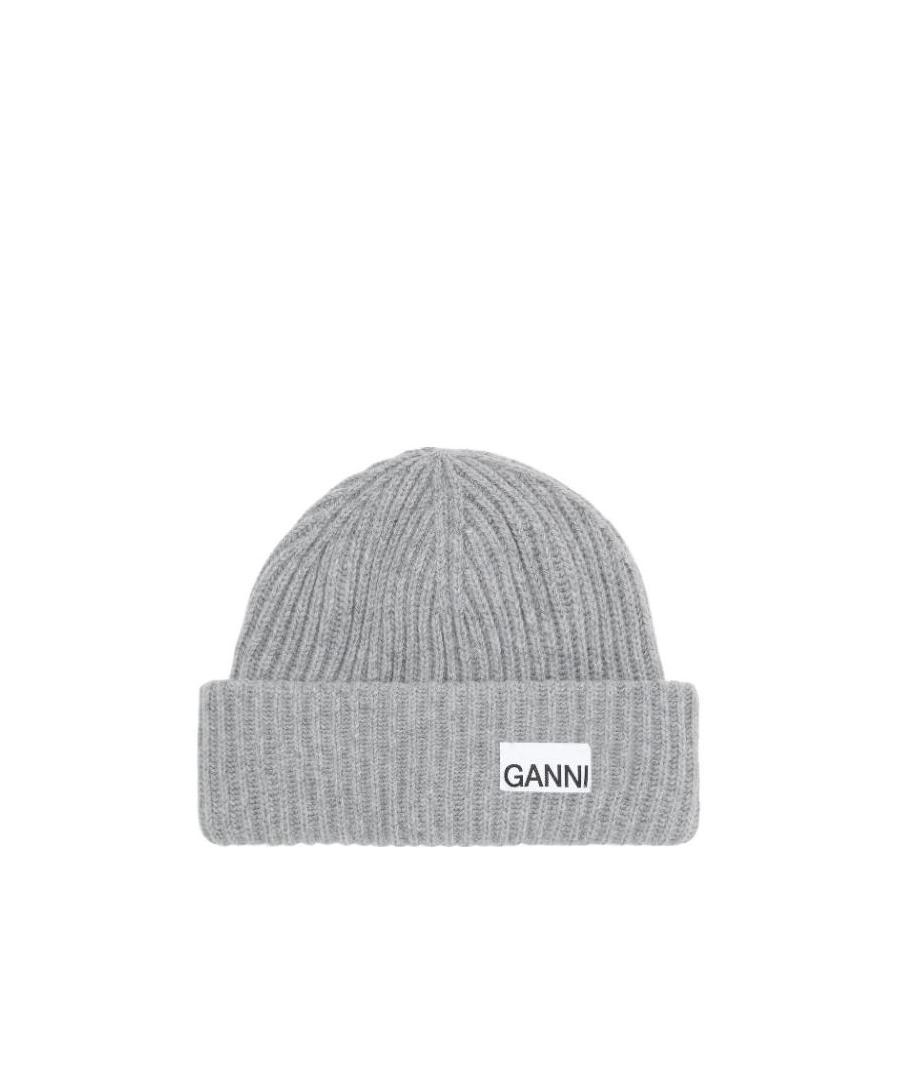 Ganni Gray Oversized Wool Rib Knit Beanie In Gray