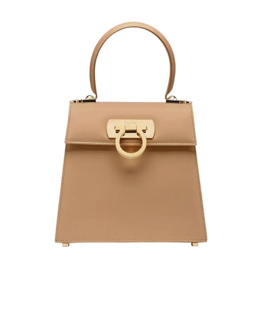 Ferragamo Logo Gold Button Handbag In Brown
