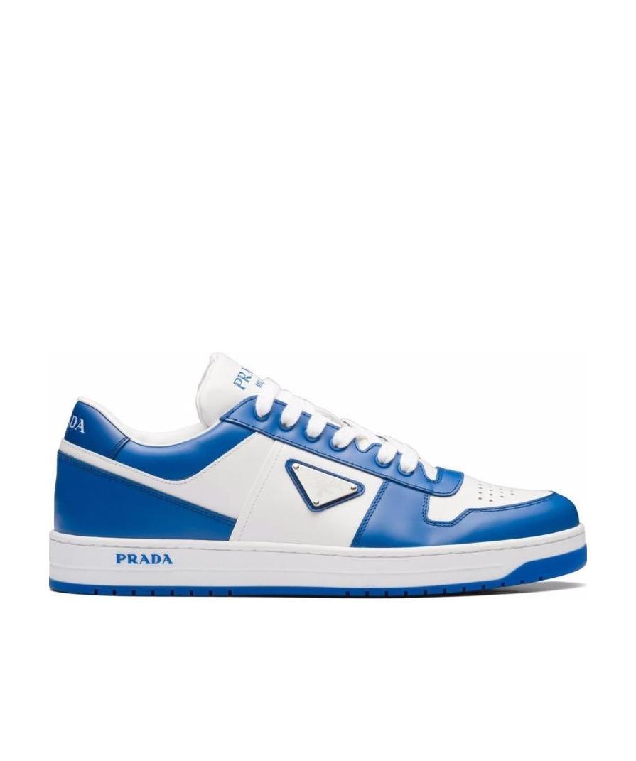 Prada Downtown Leather Sneakers In White,cobalt Blue | ModeSens
