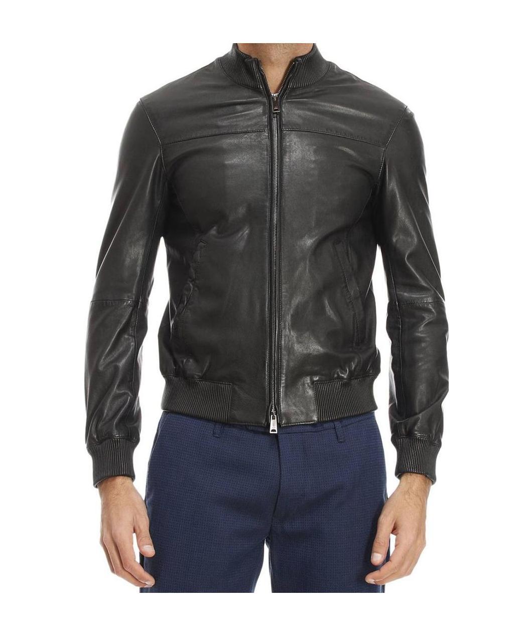 Armani Jeans Zipper Leather Jacket In Black