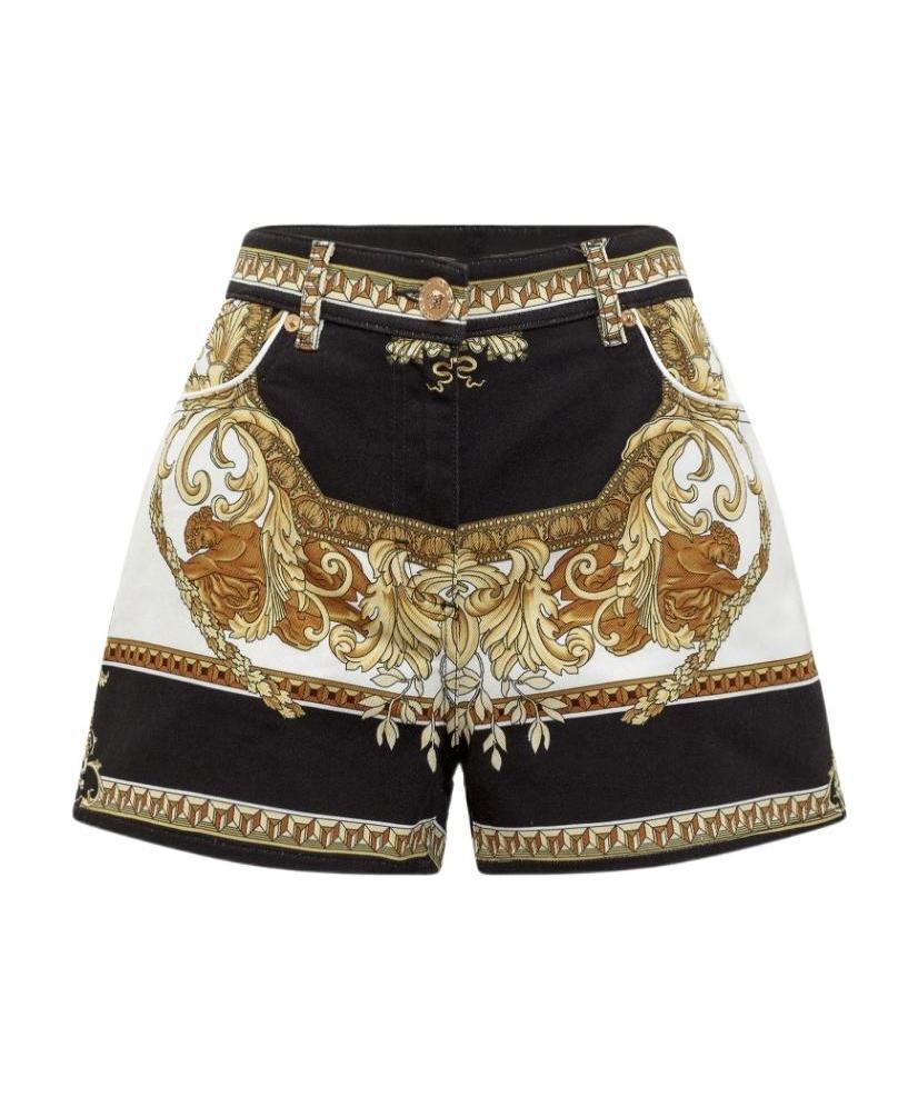 Shop Versace Baroque-print Denim Shorts In Black