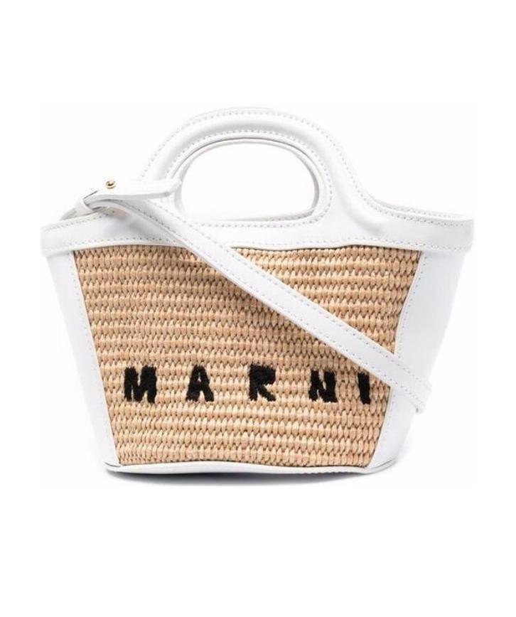 MARNI TROPICALIA MICRO BAG IN WHITE LEATHER AND RAFFIA