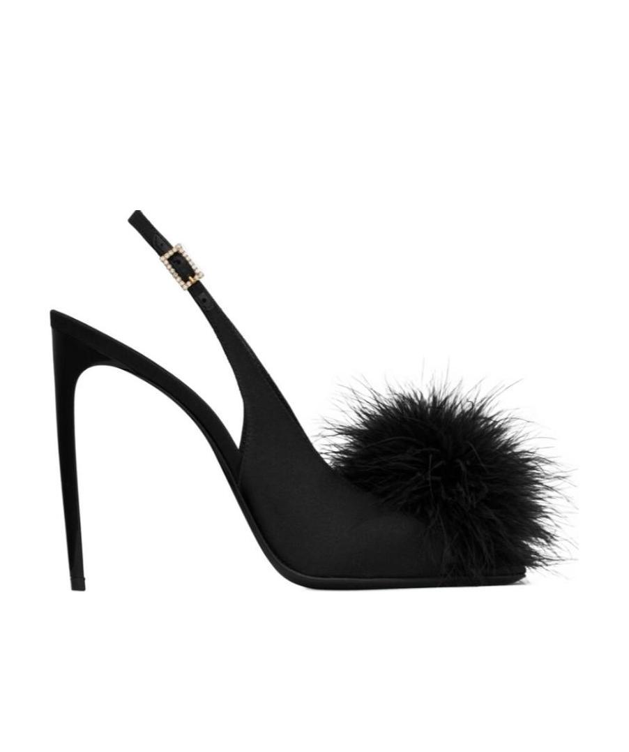 Saint Laurent Mae Slingback Sandals In Crepe Satin With Feathers In Black