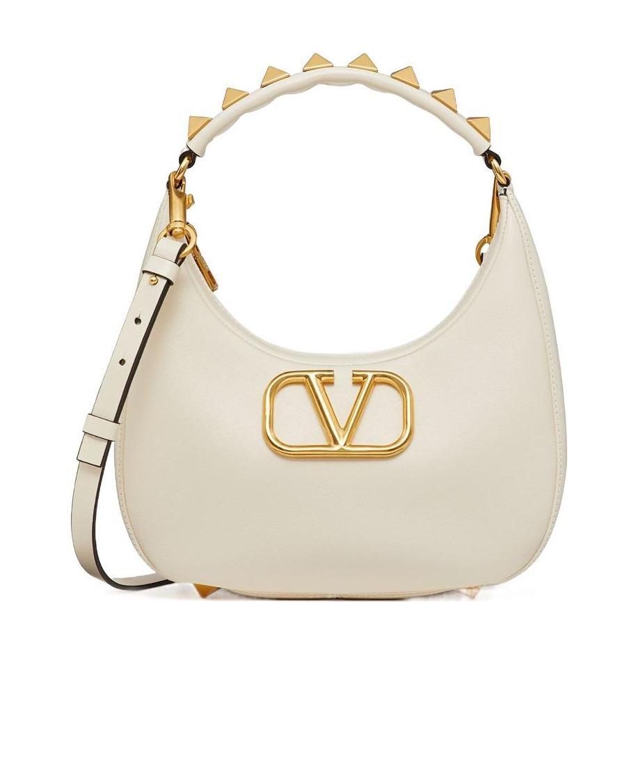 Valentino Stud Sign Hobo Rivet Logo Shoulder Bag In Light Ivory White