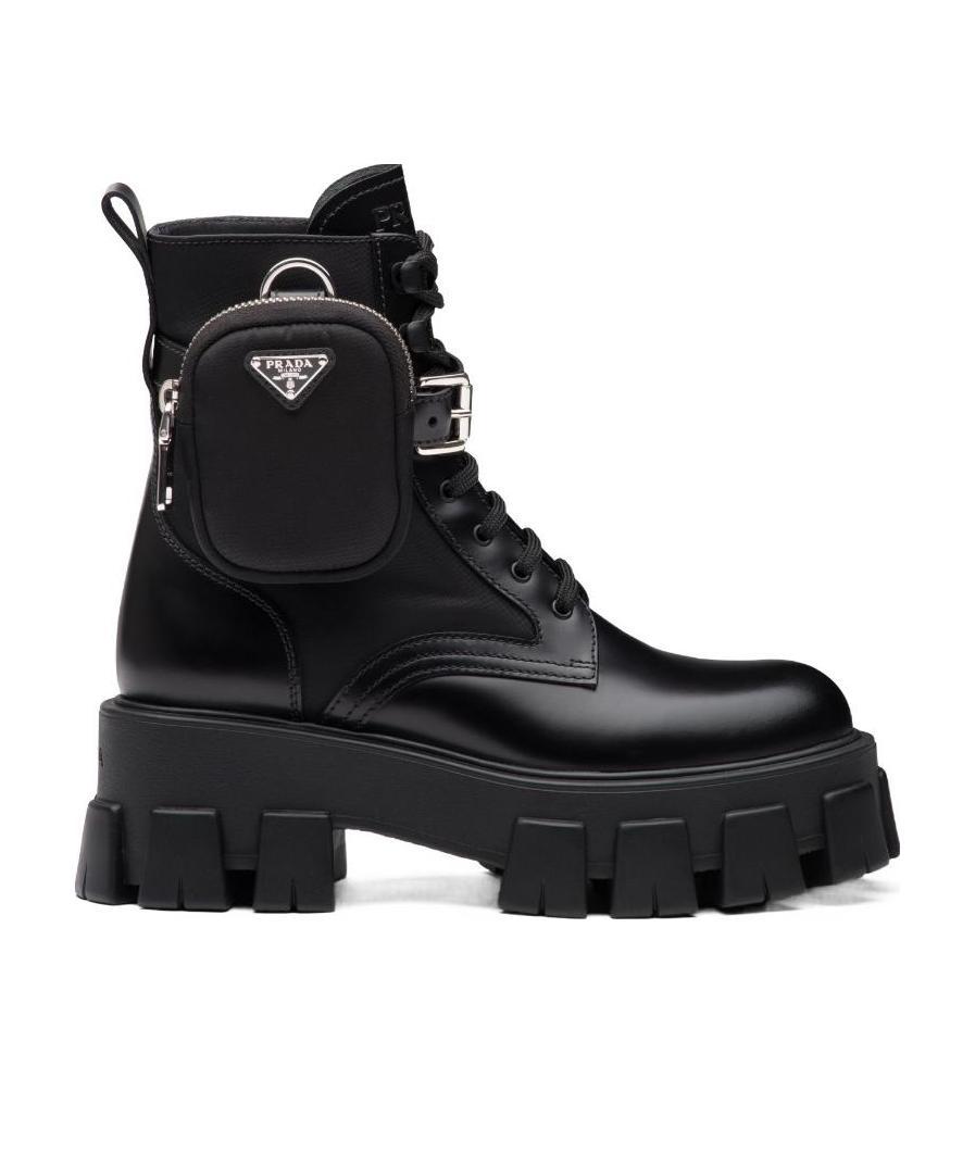 PRADA MONOLITH LEATHER AND NYLON FABRIC BOOTS 