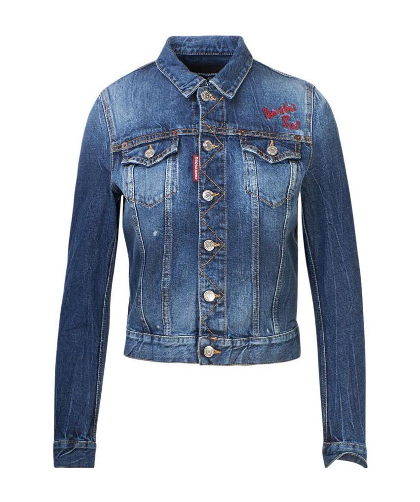 Shop Dsquared2 Cropped Embroidered Denim Jacket In Blue