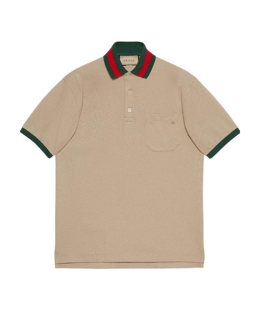 Shop Gucci Cotton Piquet Polo With Web Collar In Nude