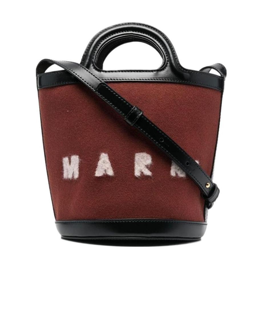Marni Brown Bucket Shoulder Bag In Calf Leather And Wool And Cotton Blend With Adjustable And Removable Sh In Red