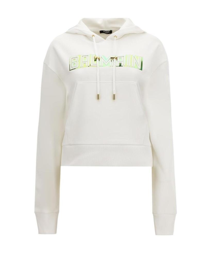 BALMAIN LOGO EMBOSSED SHORT HOODED SWEATER