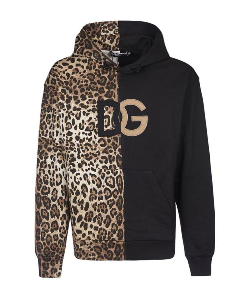 Dolce & Gabbana Leopard-print Spliced Dg Logo Hoodie In Black