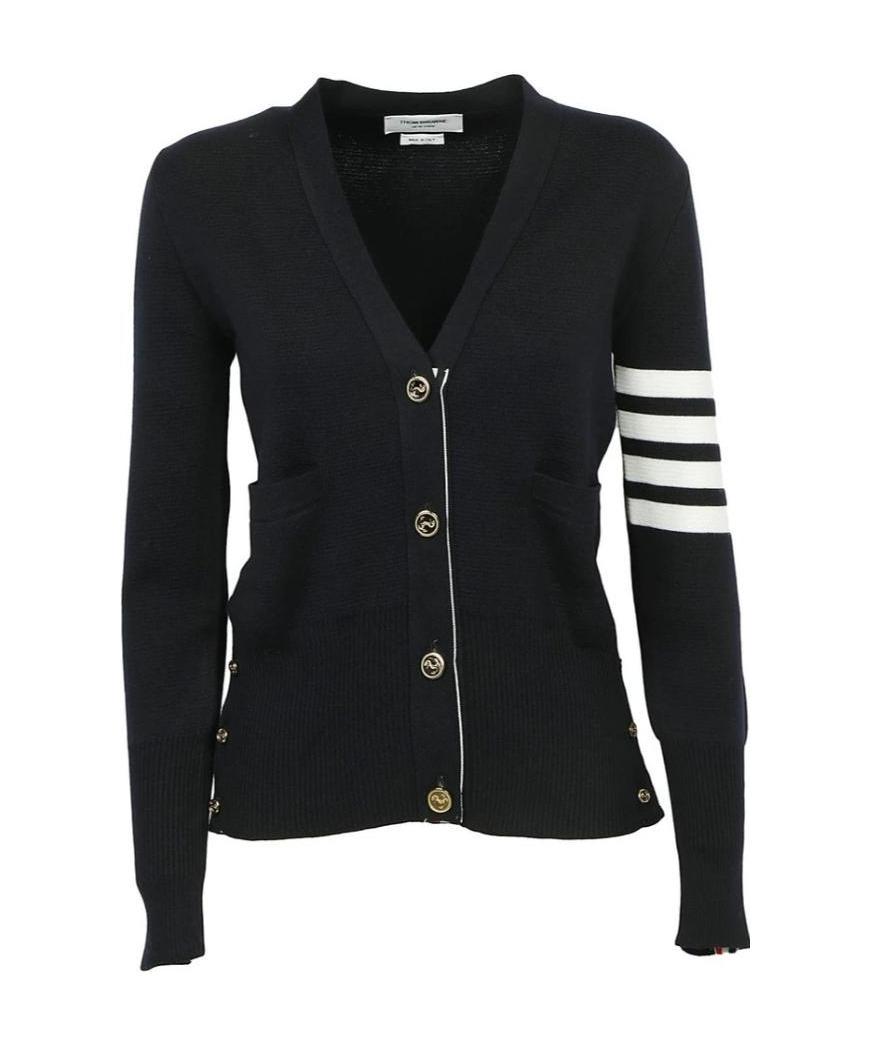 Thom Browne Ladies Navy Cashmere 4-bar Classic V-neck Cardigan In Black