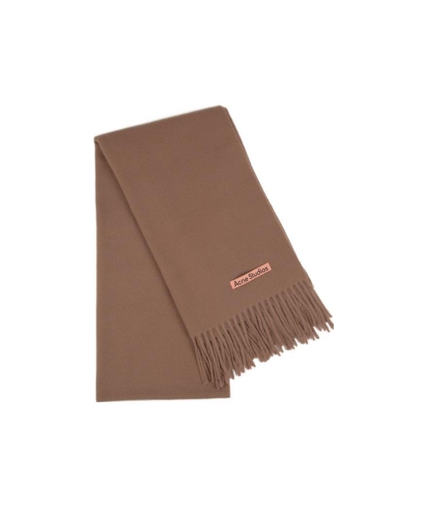 Acne Studios Logo-tag Frayed-edge Scarf In Brown