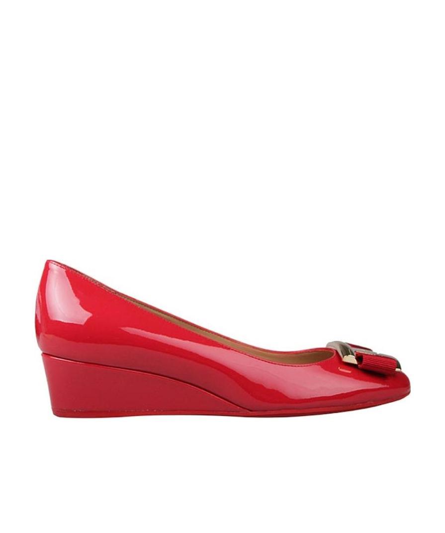Ferragamo Bow Knot Fish Mouth Slope Heel Shoes In Red