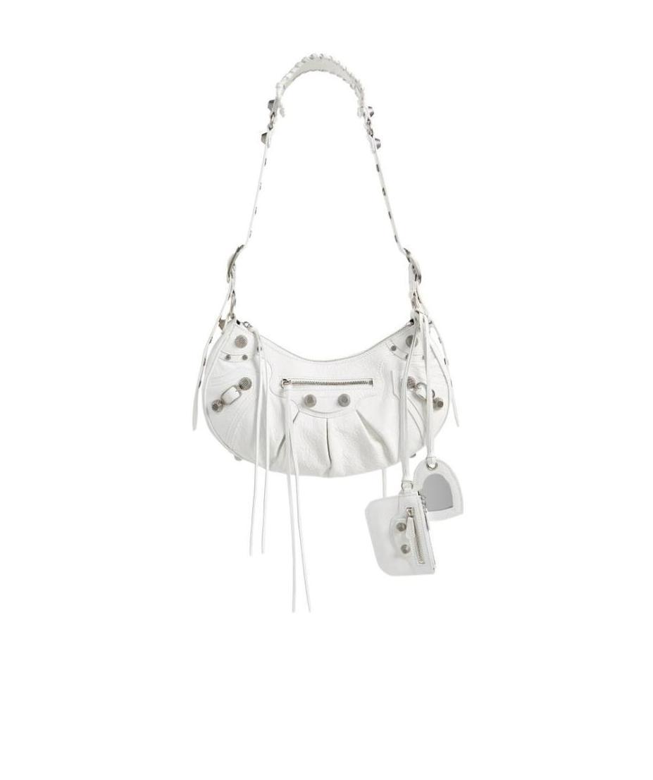 Balenciaga Green Leather Shoulder Handbag With Magnetic Closure And Metal Details In White