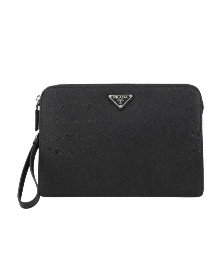 Prada Triangle Logo Leather Clutch Bag In Black