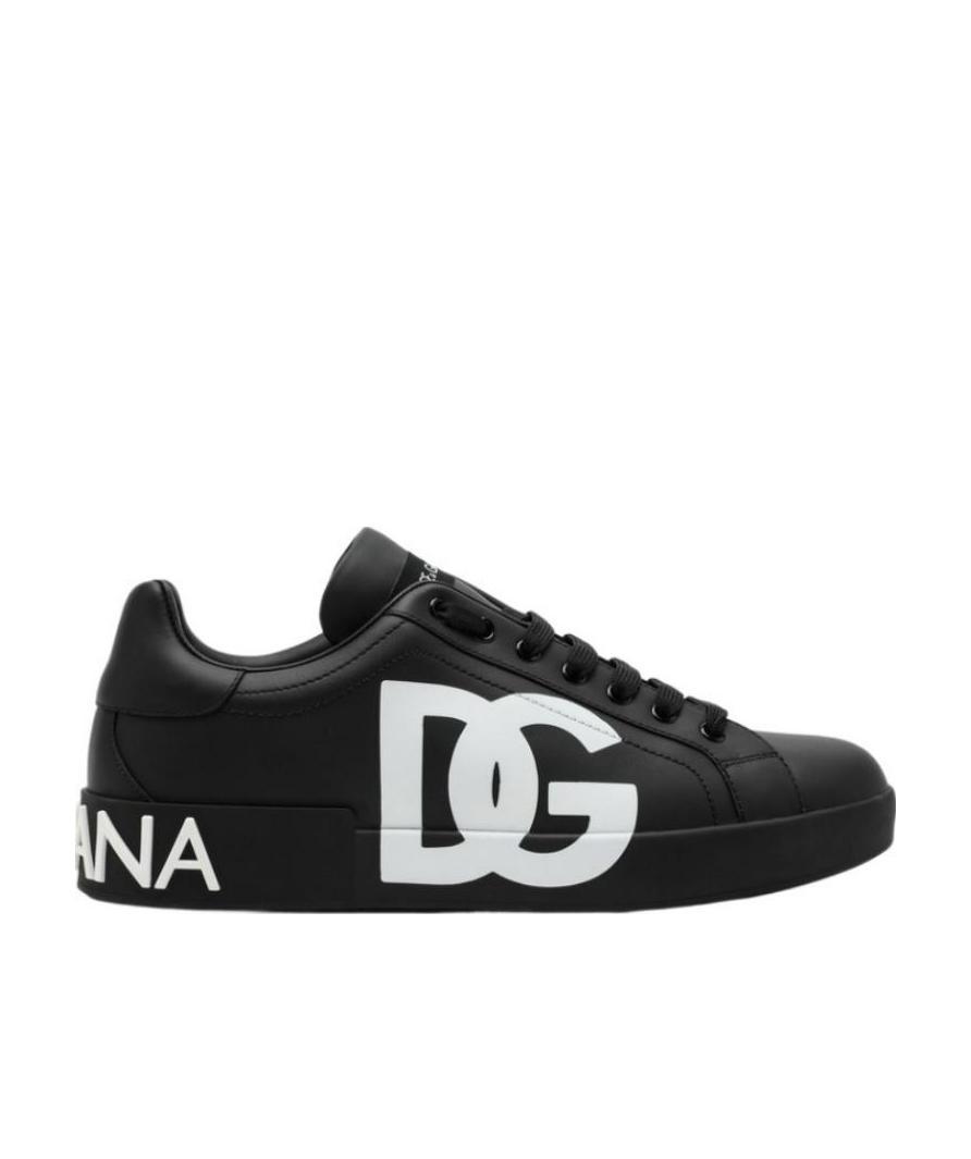 Dolce & Gabbana Portofino Sneakers In Black Calf Leather With White Logo In Black