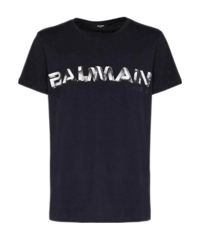 Shop Balmain Navy Blue Cotton T-shirt With White Logo Print In Black