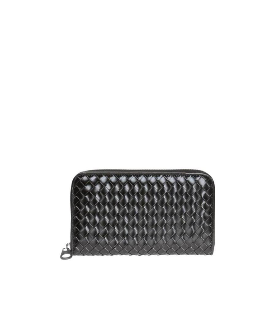 Bottega Veneta Intracciato Piccolo Woven Wrap-around Zipper Wallet In Black