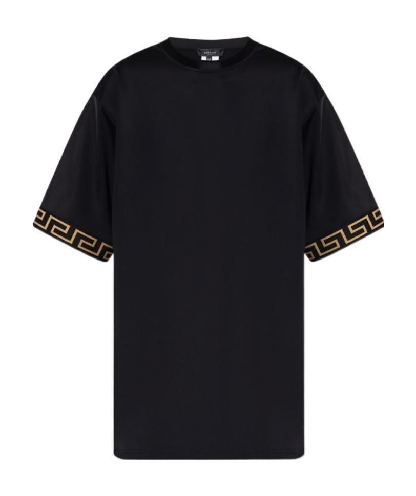 Versace Black Crewneckt-shirt With Contrasting Greca Motif In Stretch Polyamide Man In Black