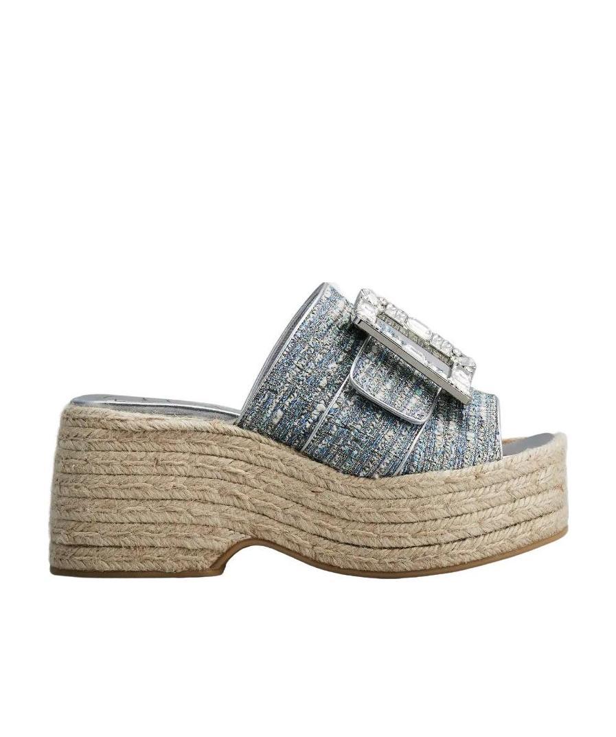 Shop Roger Vivier Strass Buckle Platform Espadrilles Mules In Fabrics In Nude