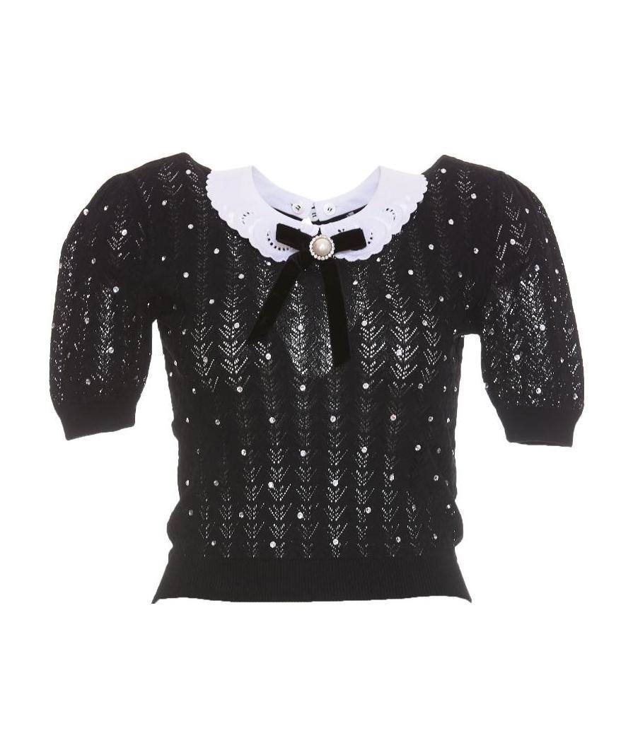 Alessandra Rich Contrast-collar Crystal-embellished Knitted Top In Black