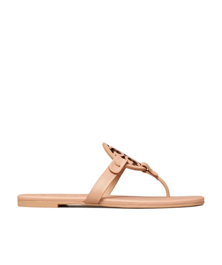 Tory Burch Miller Medallion Metallic Leather Flat Slide Sandal In Nude