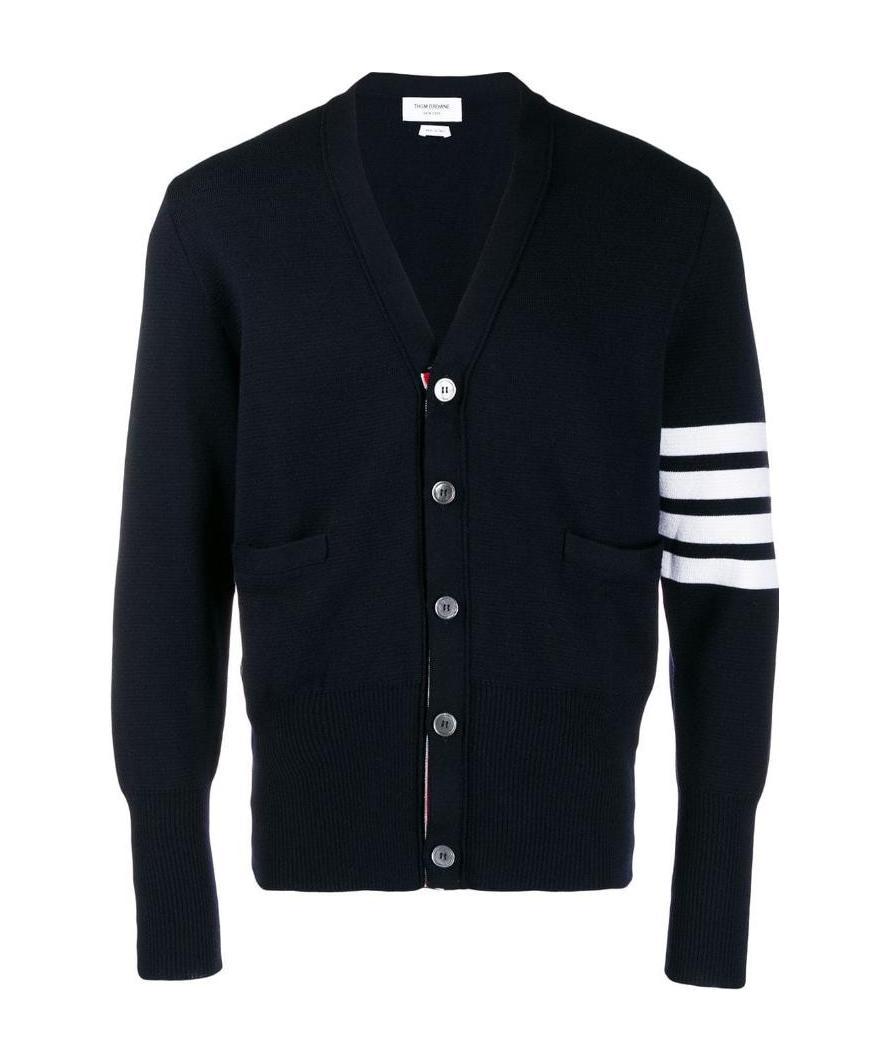 Thom Browne Milano Stitch V Neck Cardigan With 4 Bar In Fine Merino Wool Clothing In Blue