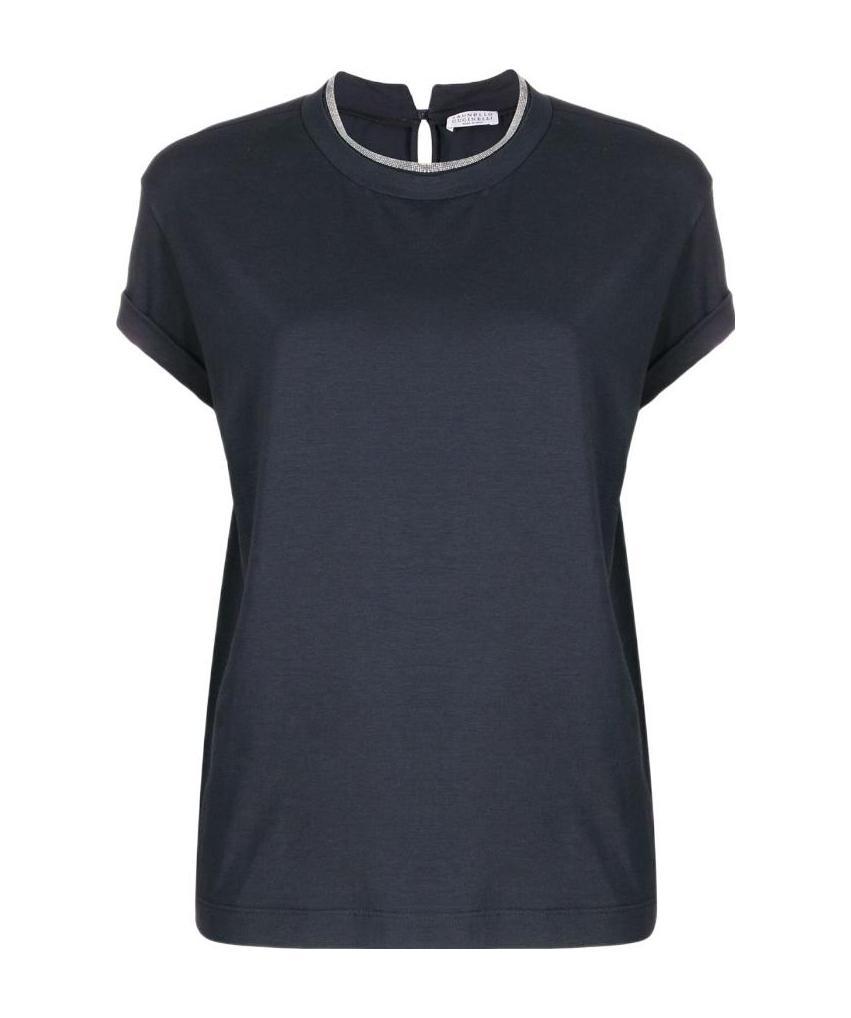 Brunello Cucinelli Blue Crewneck T-shirt With Monil Detail On The Collar And Rear Cut-out In Cotton Stretch Woman In Blue