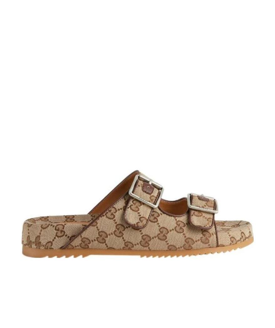 Gucci Men's Sideline Monogram Slide Sandals In Brown