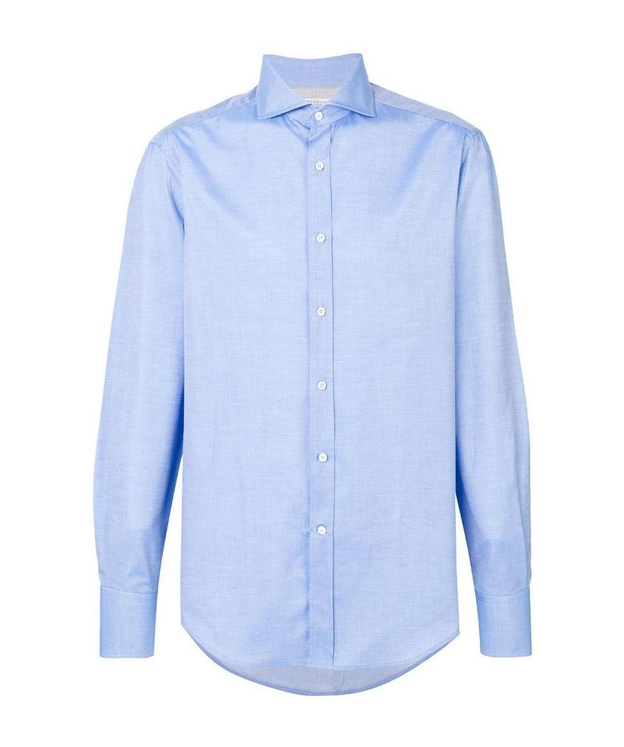 Brunello Cucinelli Shirt With Cannon Pleat Detail And Curved Hem In Blue