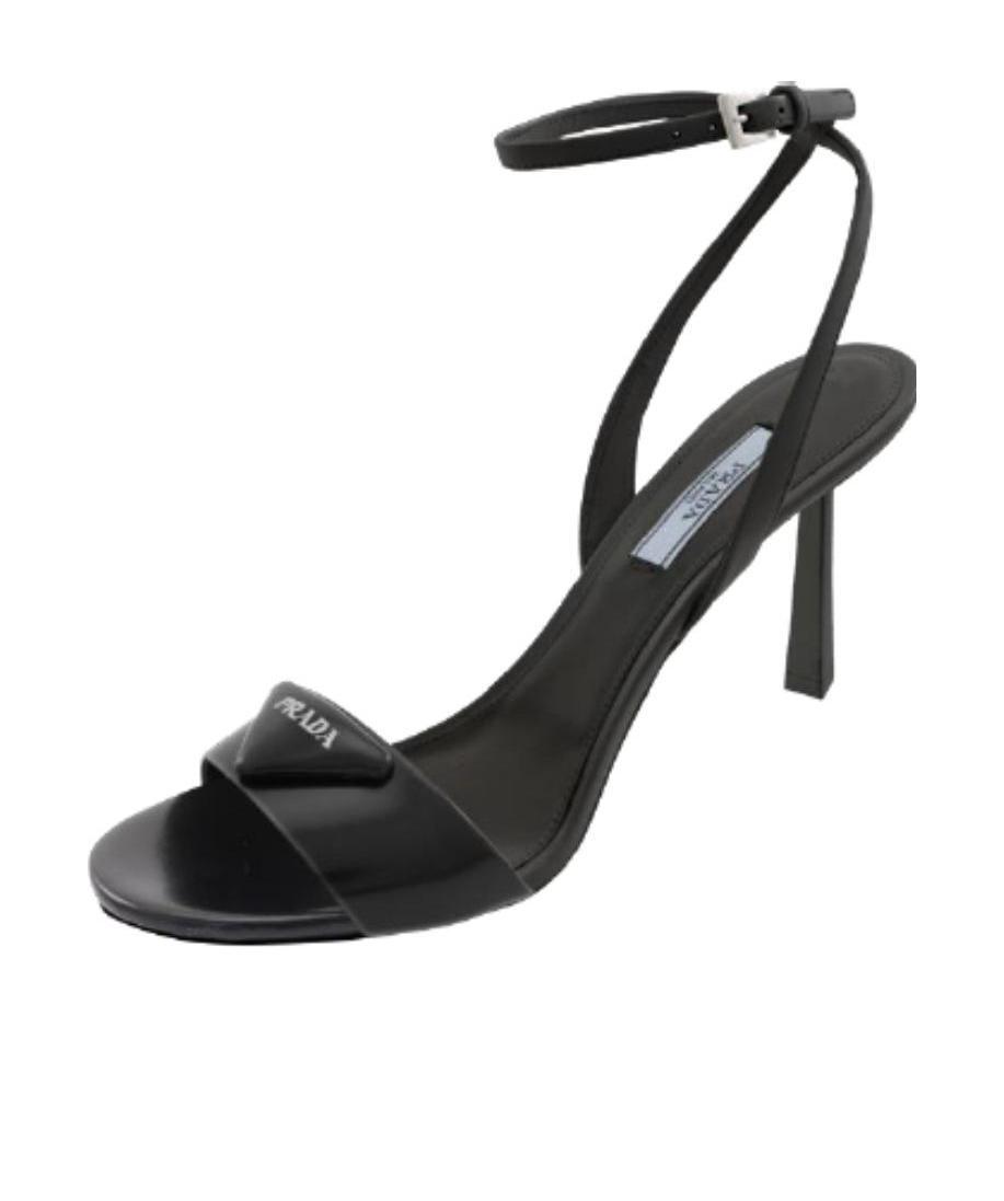 Prada Logo Iron Plate High-heeled Sandals In Black