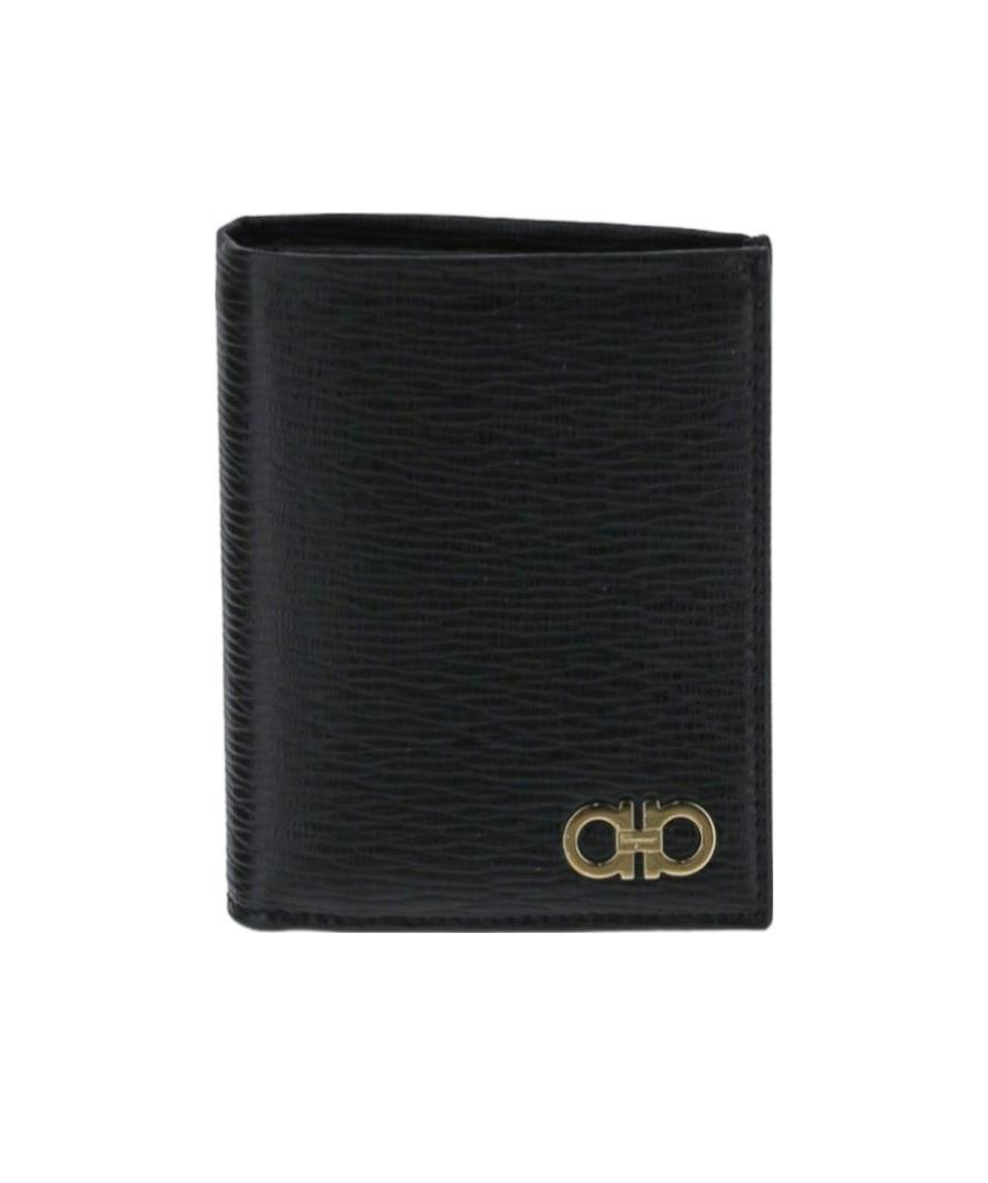 Ferragamo Black Cardholder With Gold-tone Gancini Logo In Calf Leather Man In Black