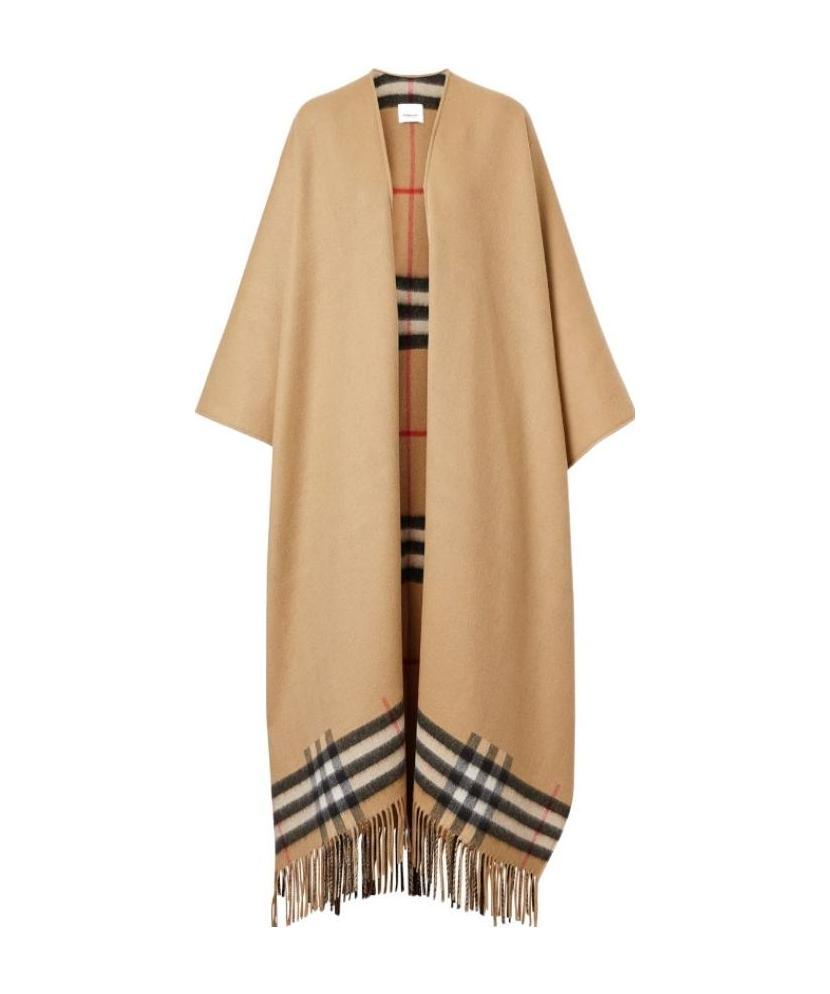 Burberry Fringed Check Cape In Nude
