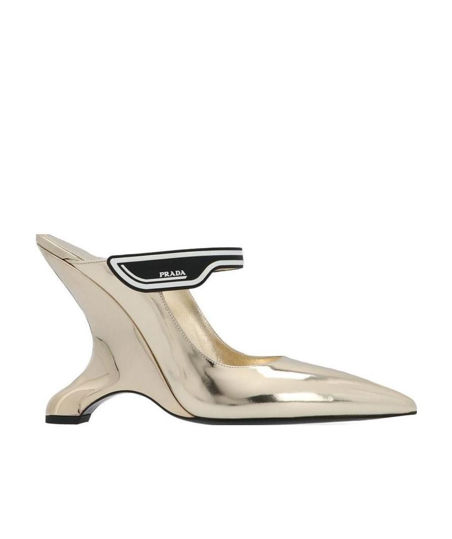 Prada Madge 110mm Wedge Mules In Gold